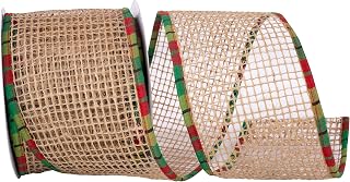 Reliant Ribbon 93975W-750-10F Jute Open Weave Mesh Plaid Wired Edge Ribbon, 4 Inch X 10 Yards, Natural
