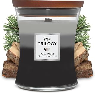 WoodWick Medium Hourglass Scented Trilogy Candle | Warm Woods | with Crackling Wick | Up to 60 Hours Burn Time