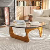Glass Coffee Table, Mid Century Modern Coffee Table for Living Room, Mesa de Centro para Sala, Rustic Oval Center Table with Tempered Glass Top & Wood Base, Funky Coffee Tables