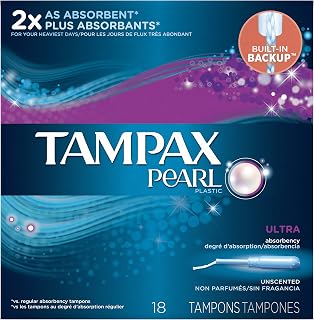 Tampax Pearl Plastic Unscented Tampons, Ultra Absorbency, 18-Count (Pack of 12)