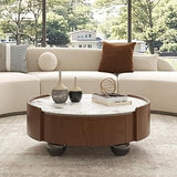 Round Coffee Table for Living Room, Modern Mesa de Centro | Walnut veneer round coffee table with dual storage drawers, stable black ball feet, fits living room, bedroom, office –