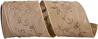 Reliant Ribbon Vines Scroll Jewel Dupioni Embroidery Wired Edge Ribbon, 4 Inch X 5 Yards, Sand