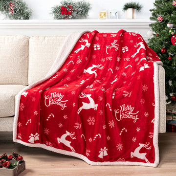 Pavilia Reindeer Throw Blanket, Sherpa Fleece, Red 50x60