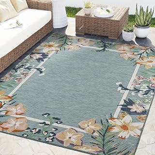 Abani Blue Area Rug – 8' x 10' – Sakura Collection – Floral Border Pattern – Easy to Clean – Durable for Patio, Living Room, or Sunroom, Pet & Child Friendly
