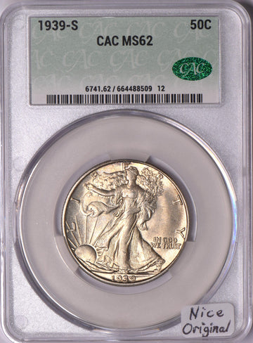 1939-S Walking Liberty Half Dollar CAC MS-62; Nice Original by Generic – Silver