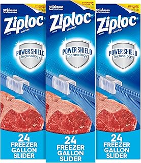 Ziploc Slider Freezer Bags, Power Shield Technology, Gallon, 24 Count, Pack of 3 (72 Total Bags)