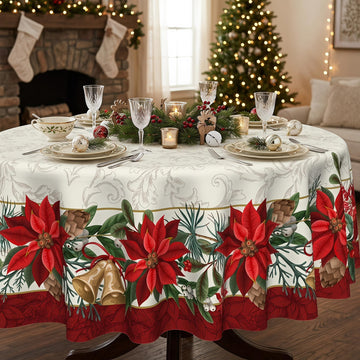 Woaoce Poinsettia Tablecloth, 70 Inch Round, Christmas Border