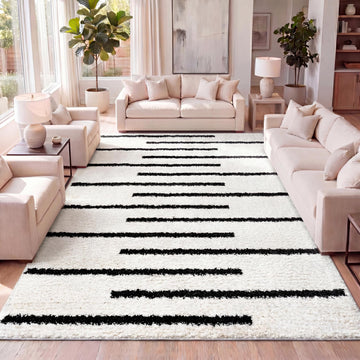 Alaro Berber Stripe Shag White/Gray Indoor Area Rug by JONATHAN Y – 5'1" x 8' (Rectangular), Polypropylene, White/Gray, Model MOH402A-5