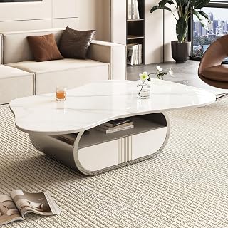 Butterfly Coffee Table & Mesa de Centro Living Room Coffee Tables | Elegant butterfly-shaped coffee table with sintered stone top, soft-close drawer and open shelf, sturdy stainless steel