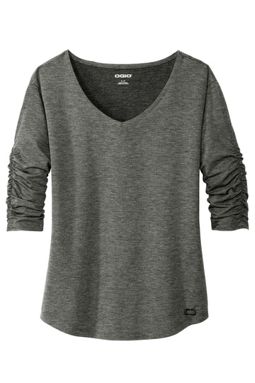 Women's Evolution V-Neck | Moisture Wicking Shirt for Women by OGIO – Medium, Tarmac Grey, Model LOG148