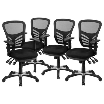 Nicholas Mid-Back Black Mesh Multifunction Executive Swivel Ergonomic Office Chair with Adjustable Arms by Flash Furniture – 4 Pack, Model 4-HL-0001-GG