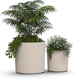 Mayne Serene 10in & 14in Round Fluted Modern Planter Set, Chai, 2-Pack | Round fluted modern design, All Season, Fade resistant, Indoor/Outdoor, Drainage Plugs, 5-year warranty
