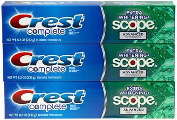 Complete Multi-Benefit Fluoride Toothpaste - Extra Whitening and Scope Advanced Freshness - 8.2 oz each by Crest – 8.2 Ounce (Pack of 3), Pack of 3, Model 739364x3