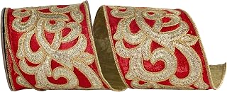 Reliant Ribbon Scroll Embroidery Deluxe Metallic Dupioni Backed Wired Edge, Red, 4 Inch, 5 Yards