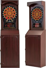 Arachnid Freestanding Cabinet Set: Includes Cricket Pro 800 regulation board in a stylish cabinet with shelves. Offers 40 games, 8-player LED scoring, tri-color Cricket, and 6 darts