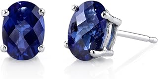 14K White Gold Lab Grown Blue Sapphire Solitaire Stud Earrings 2 Cara