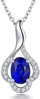 14K White Gold Natural Blue Sapphire Necklace Pendant with Diamonds for Women