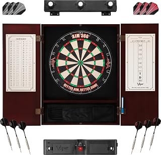 Viper AIM 360 Dartboard, Metropolitan Mahogany Cabinet, Throw Line Light, Dartboard Lights, and Darts with Spare Flights