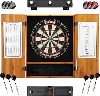 Viper AIM 360 Dartboard, Metropolitan Oak Cabinet, Throw Line Light, Dartboard Lights, and Darts with Spare Flights