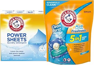 Bundle of Arm & Hammer Power Sheets Laundry Detergent, Fresh Linen 50ct, up to 100 small loads + Arm & Hammer Clean Burst 5-in-1 Laundry Detergent Power Paks, High Efficieny (HE), 42 Count