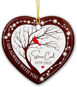 Personalized Red Cardinal Memorial Christmas Ornament 2025, I Am with You Memorial Christmas Tree Ornament Wooden Style, Custom Name & Years Remembrance Keepsake Sympathy Gift for Loss of Loved One