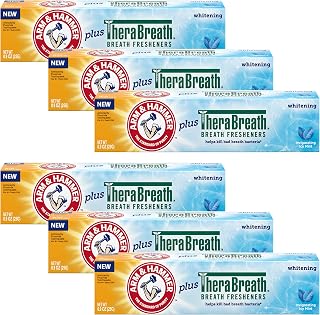Arm & Hammer Toothpaste Plus Thera, 6 Pack, ICY Mint, Anticavity Fluoride Toothpaste with Baking Soda, Whitening Enamel Strengthening Toothpaste, Travel Size 0.9 Oz