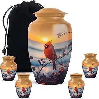 Combo Cardinal Urn for Ashes, Urns Ash Red Bird, Decorative Keepsake Memorial Gift for Male & Female, Golden (1Pc 10 Inch & 4Pcs 3 Inch)
