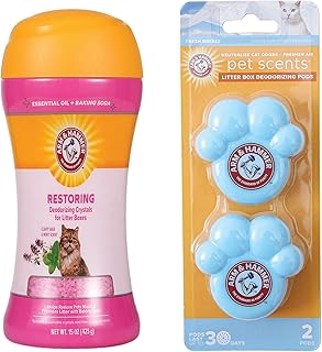 Arm & Hammer Cat Litter Odor Control Bundle – Restoring Deodorizing Crystals, Clary Sage & Mint Scent,15 oz) + Fresh Breeze Deodorizing Pods for Long-Lasting Litter Box Freshness