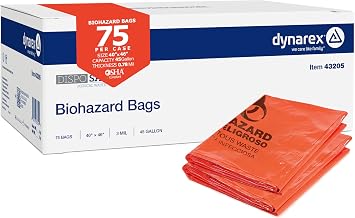 Dynarex Dispo Safety Biohazard Bags - Red-Orange - Biohazard Bags for Safe Waste Disposal, Durable Plastic, Bilingual Warnings - 3 mil, 45 Gallons, 40" x 46", 75 Bags per Case