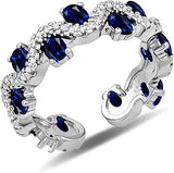 Blue Sapphire Wave Rings with Cubic Zirconia Stackable Silver Birthstone Adjustable Rings Oval Eternity Wedding Band for Women