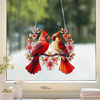 Acrylic Window Hanging Cardinal Suncatcher Decor, Portable Catchers Gift Home Garden Patio for Birds Lover (Red)
