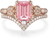 Fantasy Cut Padparadscha Pink Sapphire Engagement Ring Sets for Women 925 Sterling 10K 14K 18K Gold Pink Gemstone Inspired Wedding Band Personalized Jewelry