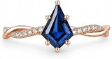 Kite Cut Blue Sapphire & Multi Gemstone Engagement Ring 14K Rose Gold Twisted Vine Band Diamond Accent Promise Ring for Women Vintage Art Deco Wedding Ring Anniversary Jewelry Gift For Her