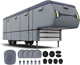 5th Wheel RV Cover for Prime Time Crusader 330MBH 2012–2015, Multi Layer Nonwoven Fabric with Secure Fit System, 4 Tire Covers, Repair Patches and Adjustable Straps