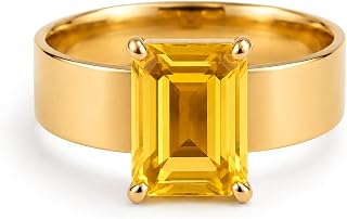 Emerald Cut Yellow Sapphire Engagement Ring for Women 9K / 14K / 18K Yellow Gold Bold Wide Band Prong Set Solitaire Handmade Fine Jewelry Gift For Her