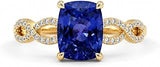 Cushion Cut Blue Sapphire Engagement Ring for Women Infinity Twist Band with CZ Accents 14K Yellow Gold Wedding Promise Ring September Birthstone Anniversary Jewelry Gift for Her