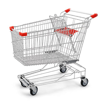 Glownary Supermarket Shopping Cart, Silver Metal, 6.3 Cu. Ft. Capacity, 350 lb Load, Chrome Construction, Child Seat with Safety Belt, 39.75x22.81x40.19 Inches