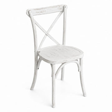 Glownary Vineyard Cross Back Dining Chair, Rustic White, Ashwood Frame, Stackable, Indoor Use, 34.5x19.5x17 Inches, 300 lb Capacity