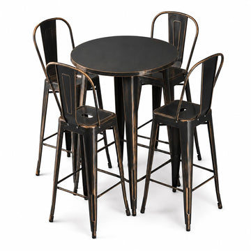 Glownary Alloy Round Bar Height Table Set with 4 Cafe Barstools, Distressed Copper, Steel, 30 Inch, Indoor Outdoor Use