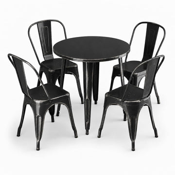 Glownary Alloy Outdoor Dining Set, Distressed Onyx Black Steel, 30 Inch Round Table with 4 Cafe Chairs, Stackable, Indoor Outdoor Use