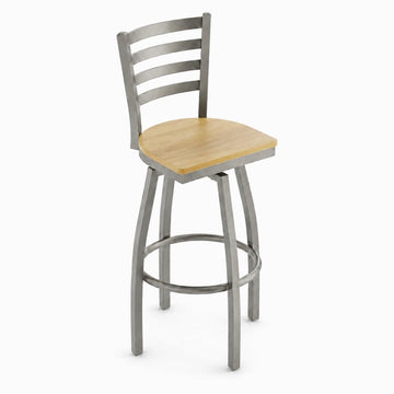 Glownary Ladder Back Swivel Bar Stool, Clear Coat Silver Metal Frame with Driftwood Wood Seat, 44.5 Inch Height, Modern Style, 330 lb Capacity