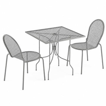 Glownary Harbor Gray 30-Inch Square Outdoor Dining Set, Steel Mesh Table with 2 Stackable Side Chairs, Powder-Coated Finish, Standard Height, Umbrella Hole