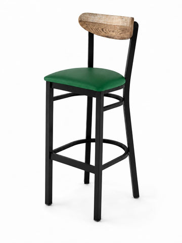 Glownary Boomerang Bar Stool, Black Metal Frame with Green Vinyl Seat, Driftwood Back, 43.38 Inches Height, Mid-Century Style, Indoor Commercial Use