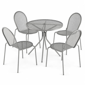Glownary Harbor Gray Round Outdoor Dining Set, 36 Inch Table with 4 Side Chairs, Steel Mesh, Powder-Coated, Stackable, Standard Height, Weather Resistant