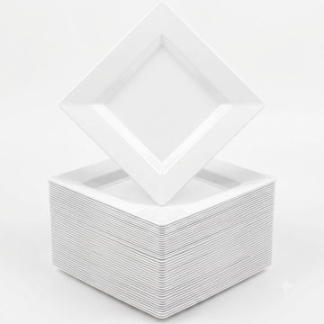 Glownary Florence Square Plastic Plates, 6 Inch, White, Wide Rim, BPA Free, 120 Count, for Events and Weddings