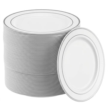 Glownary Halo White Plastic Plates with Silver Bands, 7 Inch, Round, BPA Free, Polystyrene, 150 Count, for Events and Weddings