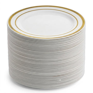 Glownary Halo 6 Inch Plastic Plates, Ivory with Gold Bands, Round Disposable Plates for Events and Weddings, BPA Free, 150 Count