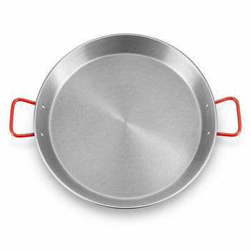 Glownary Carbon Steel Paella Pan, Silver Round with Dual Red Handles, Uncoated Dimpled Surface for 9-16 Guests, Hand Wash Only (Polished, 18'')