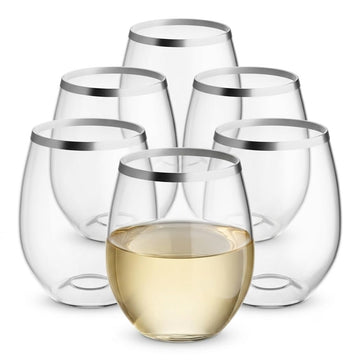 Glownary Coupe Dynasty Stemless Wine Glass, Clear PET Plastic, 12 oz, Silver Rim, Heavy Weight, 64/Case, Hand Wash Only