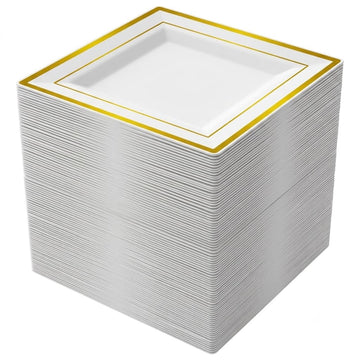 Glownary Halo Square White Plastic Plates with Gold Bands, 6 Inch, BPA Free, Disposable, 120 Count, for Events and Weddings